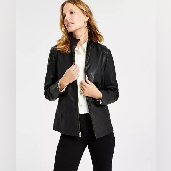 Cole Haan Women's Wing Collar Leather Coat Black $450 msrp - Picture 4 of 15